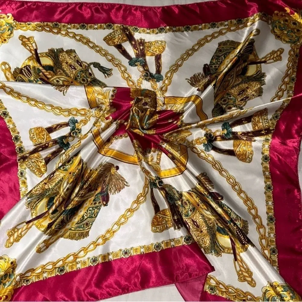 White Fuchsia Gold Teal Purple Satin Equestrian Square Scarf